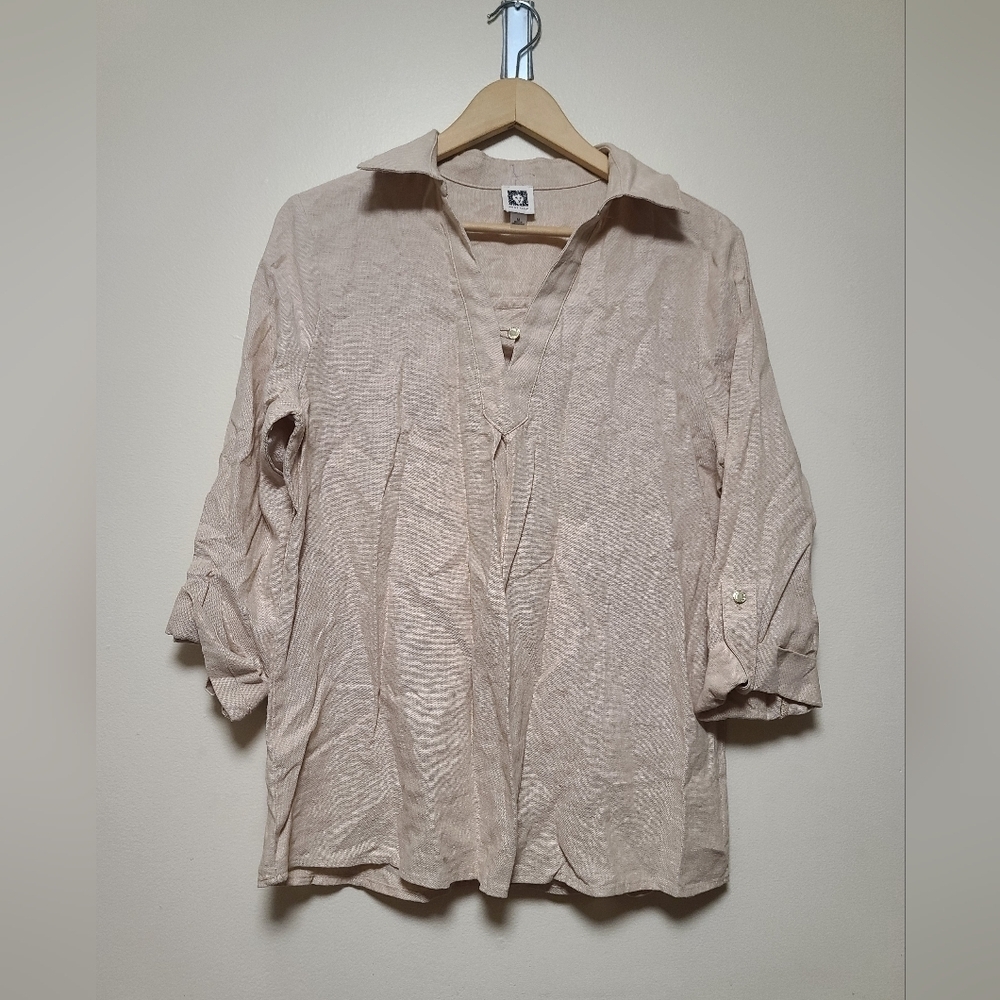Anne Klien linen blend 3/4 sleeve blouse size m cream